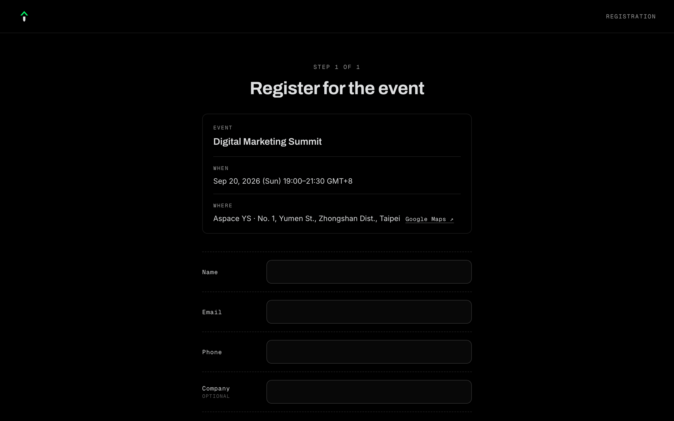 Register page with the event details and the registration form