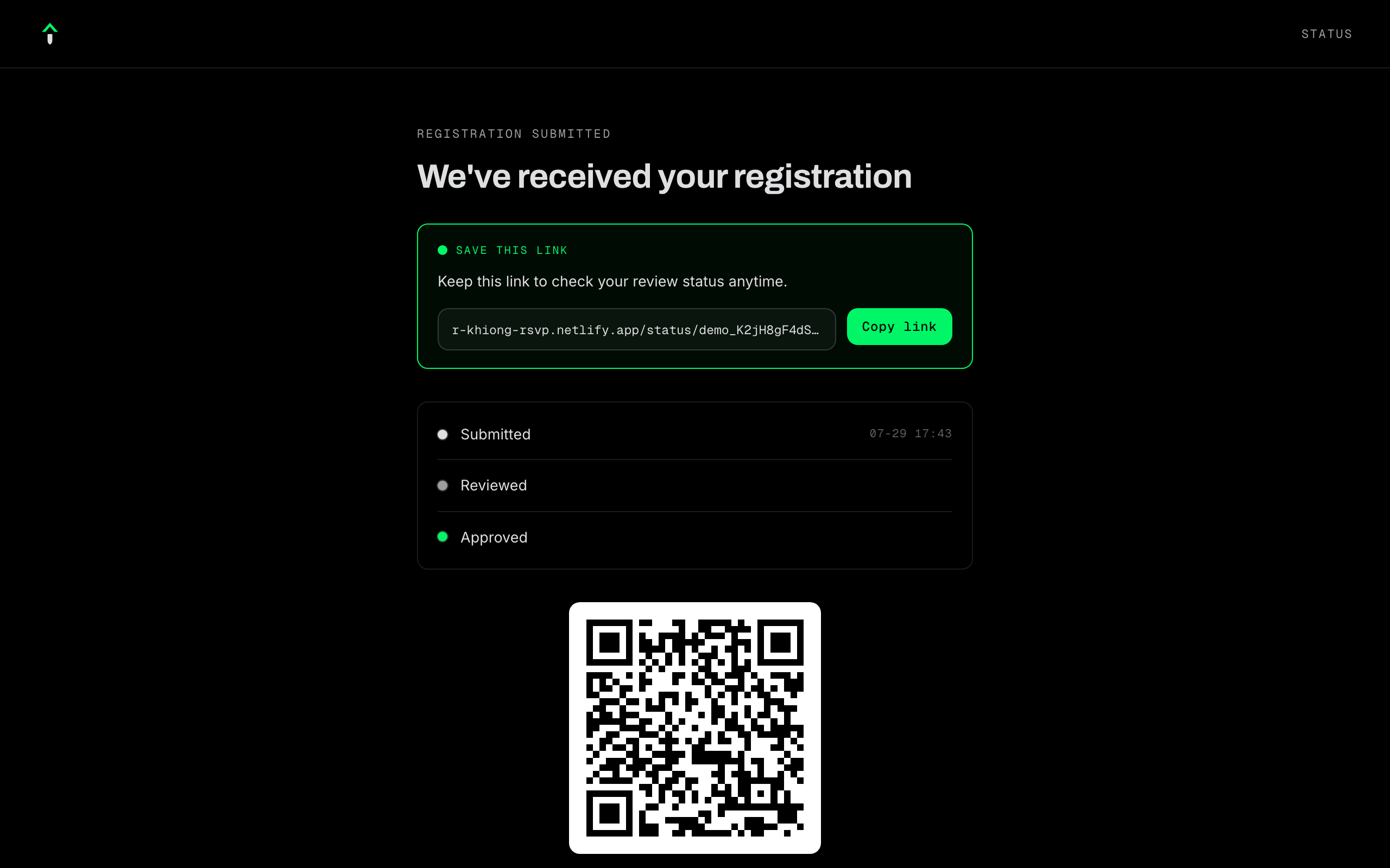 Status page for an approved registration with its check-in QR code